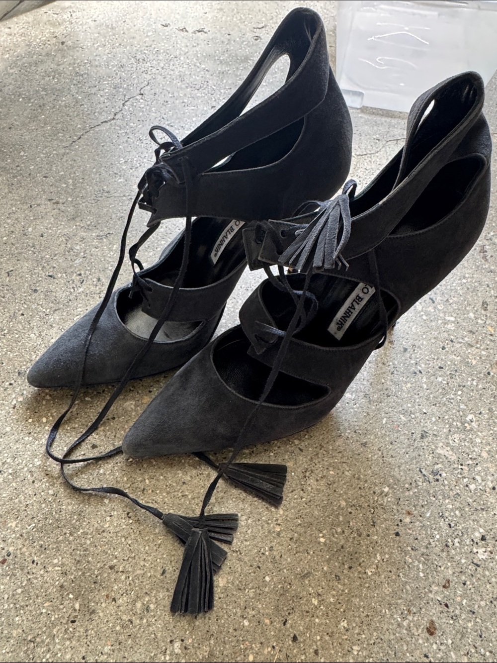 Manolo Blahnik Black Suede Pointed-Toe Lace-Up Heels with Tassels